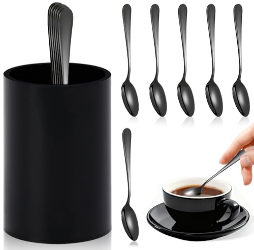 6 PCS Black Coffee Spoons with Holder Small Espresso Coffee Spoons 4.92 Inch Coffee Mixing Spoon Black Dessert Spoon Stainless Steel Tea Spoon Set of 6 for Tea Party Bar
