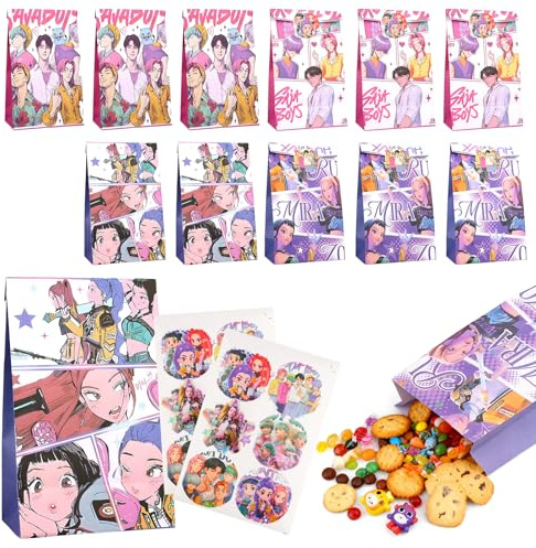 Sacchetti Regalo Compleanno Bambini, 12 k_p0-p Dem-0n Hun-ters Sacchetti di Carta + 12 Adesivi, Sacchetti per Caramelle Compleanno, Buste Regalo per Feste, Snack, Giocattoli e Confezioni Regalo