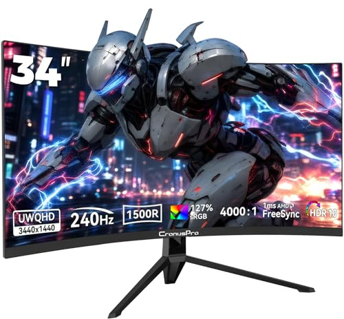 CronusPro 34 Zoll Ultrawide 240Hz Curved Gaming Monitor, UWQHD (3440 x 1440) 1ms MPRT, AMD FreeSync, 21:9, 4000:1, 127% sRGB, 1500R, HDR10, HDMI2.1/DP1.4, VESA Mount 100x100mm, PC Bildschirm Schwarz