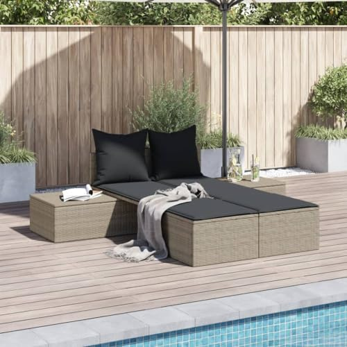 Nqyjm Bagno di Sole, Sedia a sdraio Doppia con Cuscini Grigio Chiaro Resina Intrecciata Lettino da Spiaggia Relax Outdoor per Giardino, Terrazza, Balcone, Camp