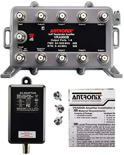 Reliable Cable Products 9 Port Bi-Directional Cable TV Splitter Signal Booster/Amplifier with Active Return Zero Signal Loss VoIP Telephone Bypass Port and F59 Terminators Antronix VR900B/AC