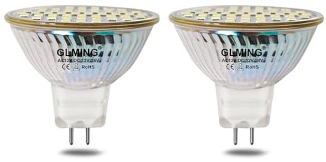 GLMING MR16 Gu5.3 Bi-pin Base Glass Cover Lamp 48-2835 SMD LED Light 3W(30W Equivalent) Spotlight Indoor Bulbs AC12V DC12-24V Cool White Pack of 2