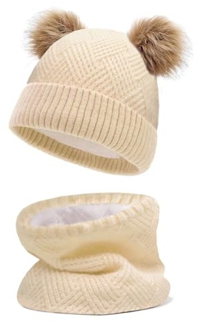 JFAN Sombrero de Invierno Bufanda para Niños Gorro de Punto para Bebés y Niños Pequeños Gorro de Invierno con Color Puro Sombrero de Doble Pompón para Niñas y Niños(A-Beige,Talla única)