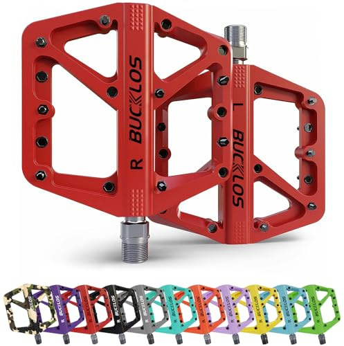 BUCKLOS Mountain Bike Pedals MTB Pedals Flat, Bicycle Road Bike Adult Large Platform Pedal with Non-Slip Grips for Gravel/Ebike/Hybrid Bikes/Beach Cruiser(9/16 Nylon Red)