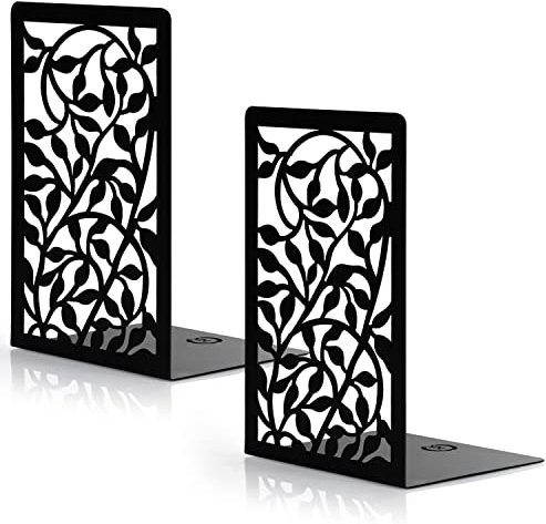 Belle Vous Black Metal Heavy-Duty Bookends with Floral Pattern (1 Pair) - Anti-Slip Non-Skid Book Stopper Supports for Books & CDs - Dividers For Shelves, Office, Library, Home and School