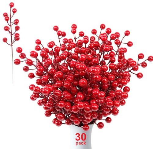 Feizeisun 30 Pack Christmas Holly Berries, Red Berry Stems Artificial Red Berries for Christmas Tree Decorations, Xmas Crafting, Valentines, Wedding, Holiday Home Decor