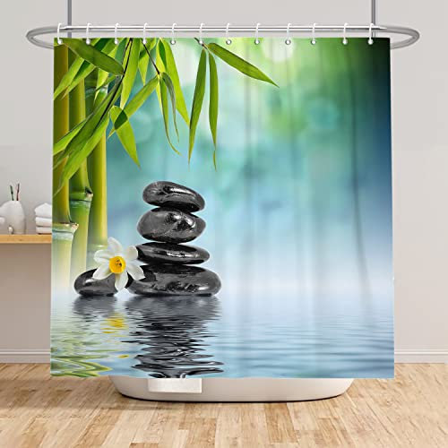SDOTPMT 120x180cm Kurort Japanisch Thema Duschvorhang Grün Bambus Blätter Orchidee Basalt Steine Badevorhang Zen Meditation Badewannenvorhang für Badezimmer Polyester mit Haken