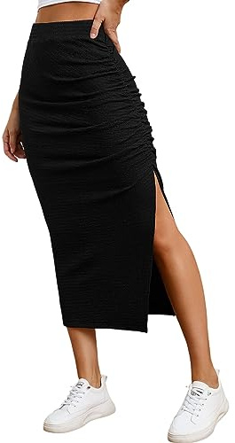 EARKOHA Falda de tubo para mujer, estilo casual, cintura alta, fruncida, de punto acanalado, elástica, entallada, con abertura