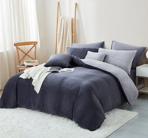 Freyamy - Funda nórdica de franela (140 x 200 cm), color gris oscuro y gris de peluche, juego de cama para 1 persona, terciopelo, invierno, cálido, con cremallera, Sherpa, ropa de cama reversible, con