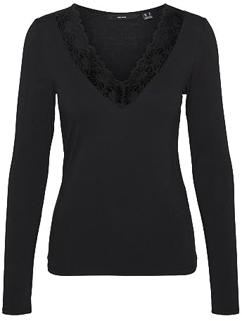 VERO MODA Blouse Slim fit col en V détail en Dentelle Basique Manches Longues, Couleurs:Noir, Taille:S