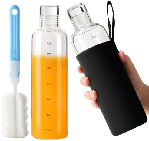 YBCPACK 2 Pack 16oz/500ml Glass Drinking Bottles with Time Marker - Transparent Crystal Water Bottles with Lids, Dishwasher Safe, Reusable, Aesthetic Waterdrop Bottle for Home Made Juice