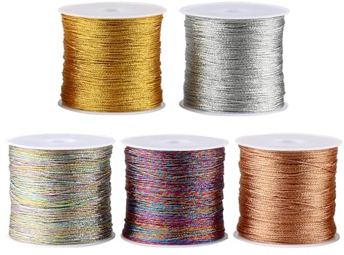 GUOYIHUA 5 Rollen Metallic Kordel, Metallisch Schnur für Basteln, 250M Goldfaden Silberfaden Seidenfäden, für DIY Handwerk Armband Schmuck Halskette Machen, 0.4 mm x 50 m/Rolle, (5 Farben)