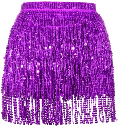 Soudittur Women's Purple Sequin Tassel Belly Dance Fringe Rave Sparkle Mini Wrap Festival Skirt