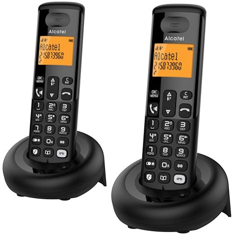 ALCATEL E260 S. Voice Duo – Schnurloses DECT-Telefon mit Anrufbeantworter – Großes Hintergrundbeleuchtetes Display – Freisprechfunktion – Blockierung unerwünschter Anrufe – 2 Mobilteile – Schwarz