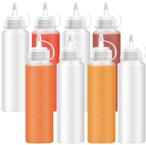 SXCCNW Squeeze Flasche, 8 Stück Plastik Quetschflasche Mit Kappen, Squeeze Flasche aus Kunststoff für Malen Backen Gewürze Ketchup,scharfe Soße Olivenöl Saucenflasche 240 ml 19 x 5 cm Transparent