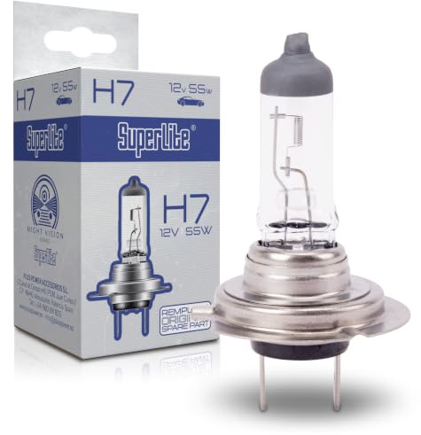 Lampadina alogena Superlite H7 12V 55W Per i fari principali della gamma Night Vision. Omologazione E1 R37/03, certificazione RoHs e CE. Durata e luminosità eccezionali”.