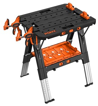 PONY Jorgensen 2-in-1 Heavy Duty Folding Worktable, Collapsible Portable Workbench and Sawhorse with Adjustable Height and 1000 lb Capacityfor Garage, Workshop, and Jobsite (60P)