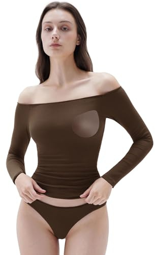 SUUKSESS Women Padded Off The Shoulder Tops Ribbed Long Sleeve Shirts Fall Basic Going Out Tops (Brown,M)