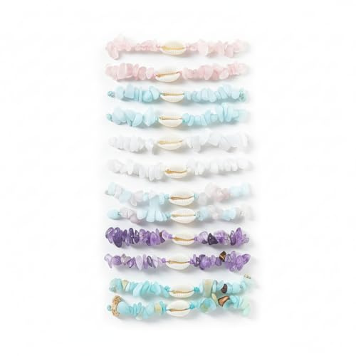 Lot de 12 Bracelets Coquillage Bohème pour Femme - Fait Main en Perles de Verre et Coquillages Naturels, Ajustable, Accessoire Plage Été, Idéal Cadeau, E – Lot de 12