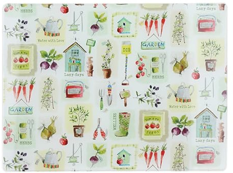 Creative Tops Herb Garden Glass Work Surface Protector, planche à découper multifonctionnelle en verre trempé, planche de service au motif d'herbes aromatiques, 40 x 30 cm