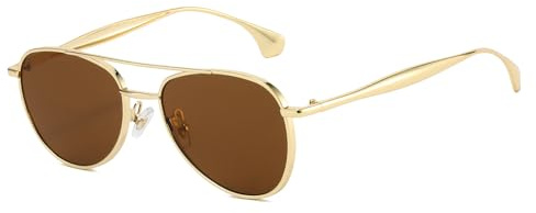 LJCZKA Gafas de Sol Piloto Retro para Mujer Hombre, Años 70 Piloto Doble Puente Gafas de Sol Clásico Marco Metálico Protección UV400 (Oro Marrón)