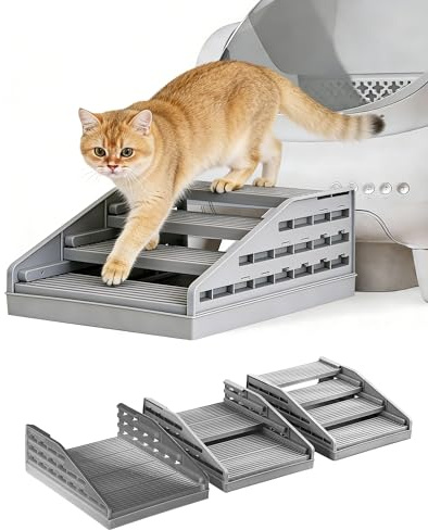 L&W BROS. Litter Box Ramp, Adjustable Cat Steps for Litter Box, Fits Automatic & High-Sided Litter Boxes, Non-Slip Cat Steps with Litter Trapper, Ideal for Small & Senior Cats