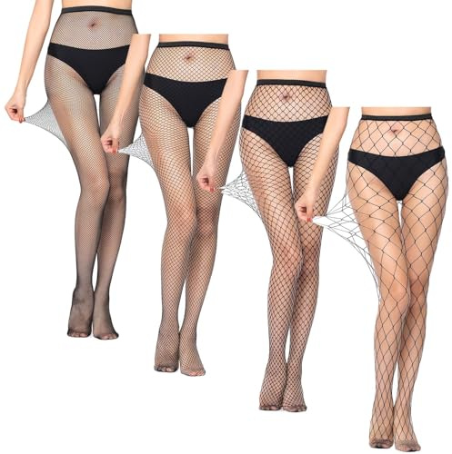 Zimoer 4 Paia Calze a Rete Donna Nere | Calze Reticolate Elastiche | Collant a Rete Nero per Feste, Ballo e Stile Quotidiano | Taglia Unica per Donne e Ragazze (70-170cm)