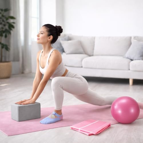 Set Yoga Completo 4 Pezzi per Allenamento Casa Donna – Mattoncino Yoga Professionale, Banda Elastico Fitness, Palla Pilates 25 cm, Calzini Antiscivolo Yoga – Kit Pilates Allenamento Casa e Stretching