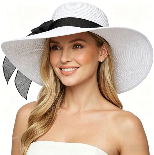 DRESHOW Femme Capeline Chapeau de Paille Chapeau à Large Bord Casquettes Anti-Soleil Respirant Pliable Rouleau Plage Cap Chapeau de Soleil UPF 50+
