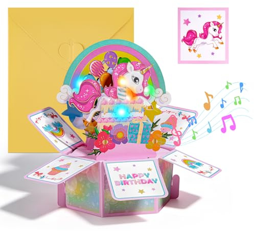 Unicornio Tarjeta de Cumpleaños 3D Pop-Up con Música y Luces para Niños