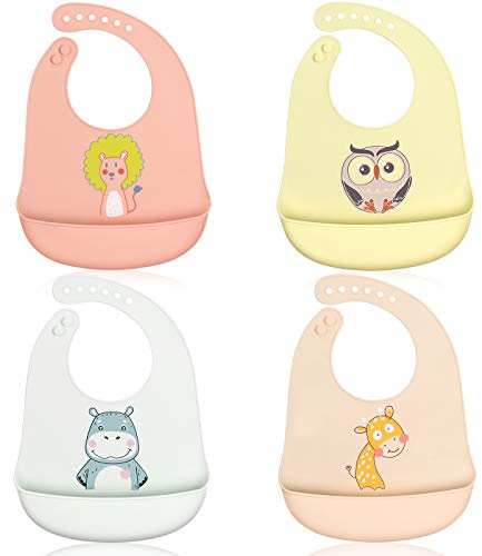 ABirdon 4 Pcs Bavoir Bébé Silicone, Étanche, Facile à Nettoyer, Lavable, 6 Niveaux Réglables, Couleur chaude Bavoir Silicone Doux pour Garçons et Filles