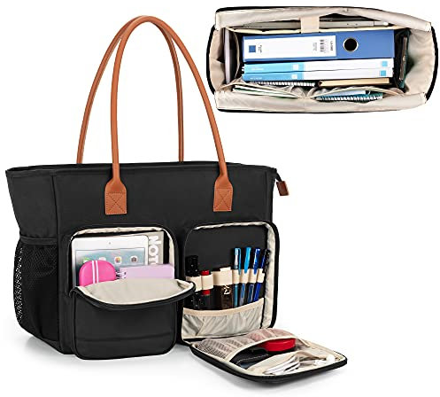 CURMIO Tragetasche für Damen, Arbeitstasche für Lehrer, gepolsterte Laptoptasche, ideal für Lehrer, Schwarz (leere Tasche), Schwarz, 41,5 x 19 x 33cm, Tote