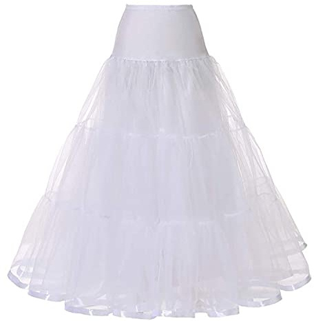 Alunsito Women Mesh Tulle Long Petticoat Pleated A-Line Maxi Skirt Elastic High Waist Swing Skirt Solid Color Floor-Length Underskirt For Prom Formal Party, White, Small/Medium