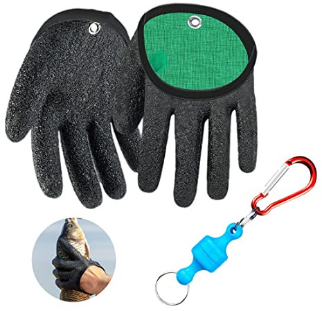 LIMEOW 1 Paar 19cm Angelhandschuhe Raubfisch Stichfeste Bissfest Wasserdicht Angelhandschuh mit 1 Stück Magnetverschluss Anti-Schnitt Rutschfesten Handschuh für Den Sicheren Umgang Hecht Wels(schwarz)