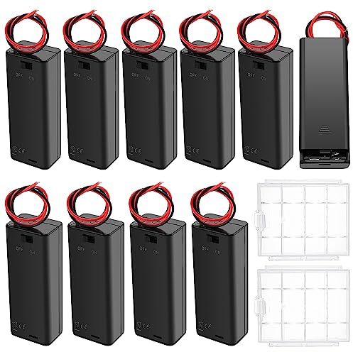 10 PCS 2 AAA Battery Holder, KUOQIY 2 x 1.5V AAA 3V Battery Holder Case with ON/Off Switch & Wire Leads & Cover, with 2 PCS Plastic Battery Storage Box & Screwdrivers & Screws
