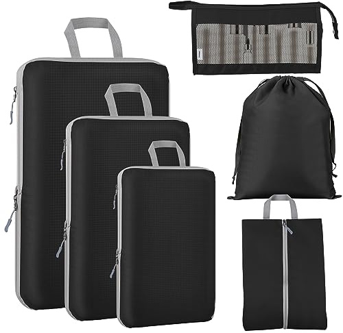 Compression Packing Cubes - GEEDIAR 6 PCS Packing Cubes for Suitcases, Extensible Suitcase Organiser Bags Travel Luggage Organiser Set for Suitcase Backpack Travel Essentials or Home Storage (Black)