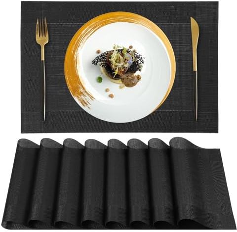 Gucass Juego de 8 Manteles Individuales Lavables, Salvamanteles Individuales Plásticos, Antimanchas Resistentes al Calor Mantel Individual, Mantel Mesa Rectangular para Mesa, 30x45cm, Negro