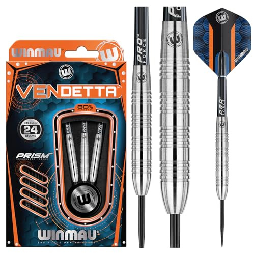 WINMAU Darts - Vendetta 24g 80% Tungsten Darts Set – High-Density Tungsten Dart Construction, Precision Steel Tips, Flights – Professional Dart Set - Competitive Play & Practice