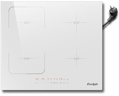 Plaque Induction 4 Feux avec Fiche, Cooksir Table de Cuisson à Induction, 60cm Encastrable, 3500Watts, 220V, 50Hz, Minuterie, Flexible Zone Combinée, 9 Niveau,16A-Prise électrique