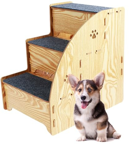 Dog Steps for Bed Sofa Couch, 3 Tiers Non-Slip Dog Stairs 13.4 Wood Dog Ramp with Carpeted Fabric, Sturdy Pet Stairs for Hurt Pet,Old Dogs, Small Dogs and Cats