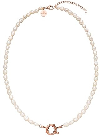 Purelei® Pearl Charm Collier élégant avec perles d'eau douce et œillet à breloque en acier inoxydable plaqué or 18 carats, argent, or rose, Länge: 40-45 cm, Acier inoxydable, Ormeau
