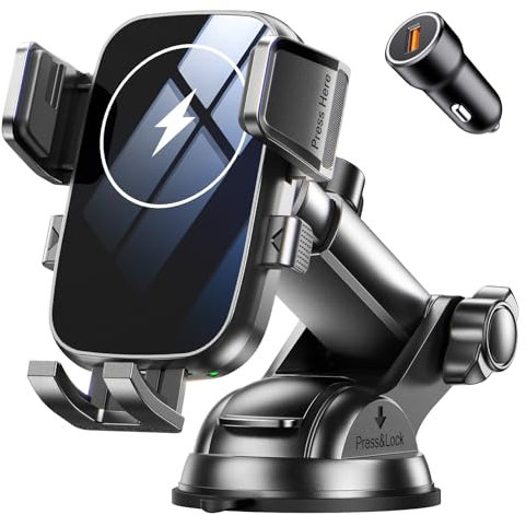 Mohard 15W Cargador Inalambrico Coche, [360° Rotación] Soporte Móvil Coche Carga Rápida Manos Libres con QC3.0 Cargador para Salpicadero, Compatible con iPhone 17/16/15/14/13/12 y Galaxy S25/S24