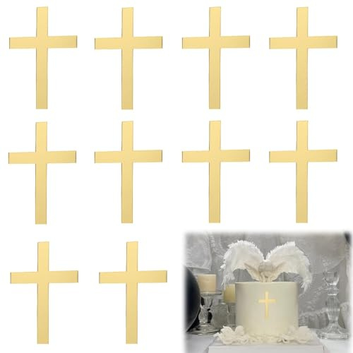 10 Pièces Décoration Gâteau Communion, Cake Toppers Dorés en Acrylique avec Croix Brillante, Décoration Gâteau Baptême, Première Communion, Mariage, Déco Gâteau Confirmation et Fête