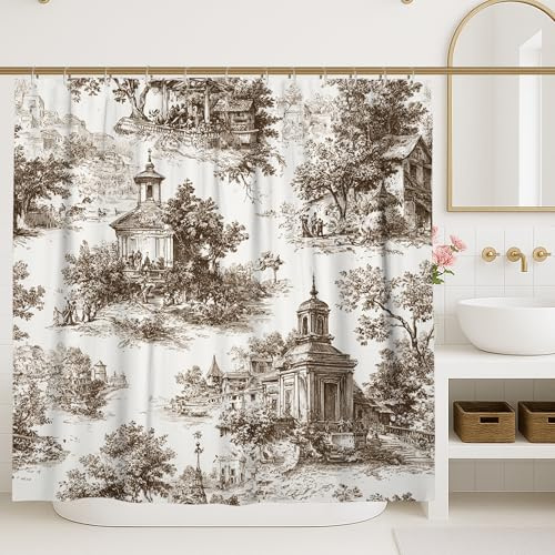Scenic Landscape Shower Curtain, Vintage Brown Toile Bathroom Decor, Autumn Winter Classical Home Textile with Hooks 72x84 Inch