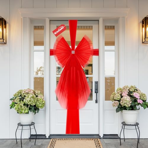 NoxGule Fiocco per Porta Natalizio,Fiocco Rosso Porta Natale,Nastro Natalizio per Porta,Fiocco Porta Natalizio,Tessuto in Organza per Feste di Matrimonio Natalizie Alberi Natale Finestre,60cm X 80cm