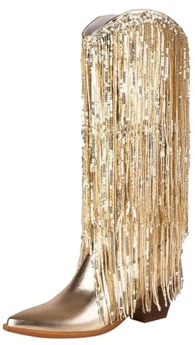 2026 Botines Mujer Mujer Pantorrilla Media Patrón Moda Borla Decoración Tacón Puntiagudo Grueso Zapatos Antideslizante Slip-on, dorado, 39 EU