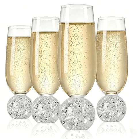 Champagne Flutes set of 4, 200ml Lead-Free Crystal Prosecco Glasses with Stable Crackle Ball Base, Elegant Wine Drinking Glassware for Wedding, Party, Gift, Anniversary Champagne, Cocktail, Juice
