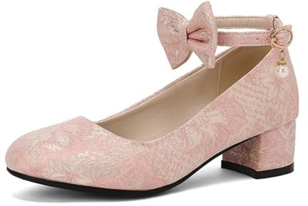 Generico Donna Punta Quadrata Scarpe da Sposa con Fiocco Tacco Basso A Blocco Scarpe da Cerimonia Cinturino alla Caviglia Décolleté da Ballo per Feste con Fibbia,Rosa,44 EU