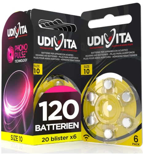 120 Batterie Per Apparecchi Acustici Udivita Misura 10 Tecnologia Phono Pulse - 20 Blister da 6 Pile