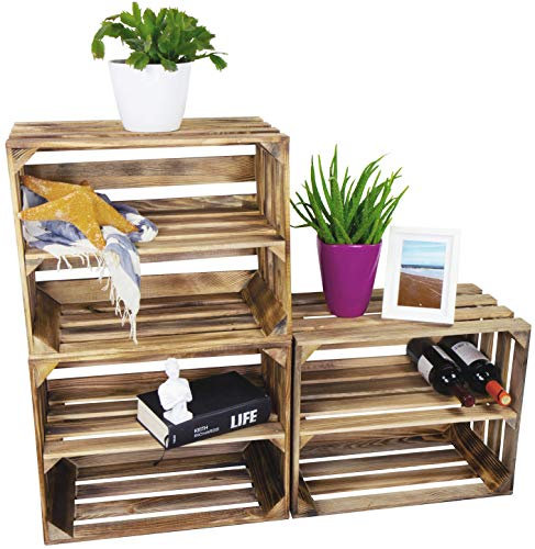 LAUBLUST Vintage Holzkisten 3er Set - Weinkiste Regalboden Längs - 50x40x30cm, Geflammt, Unbenutzt | Deko & Möbelkiste